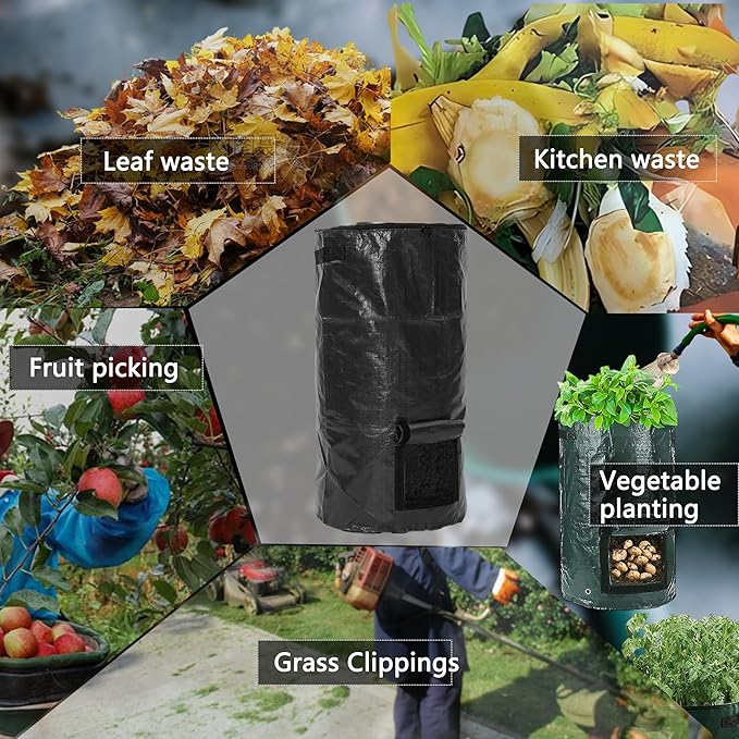 Compost Bin Bags 34 Gallon Garden Compost Bags Outdoor Reusable,Organic Waste Garden Yard Compost Bag Collapsible Leaf Lawn Bags Gardening Container (Black 2pcs)