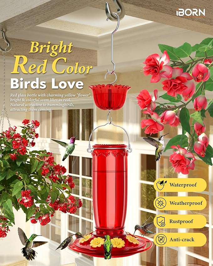 iBorn Hummingbird Feeders for Outdoors Hanging with Ant Moat for Hummingbird Feeder Glass 8 Ports for 16oz Humming Bird Nectar,Yellow Flowers Red Glass, Pack of 1