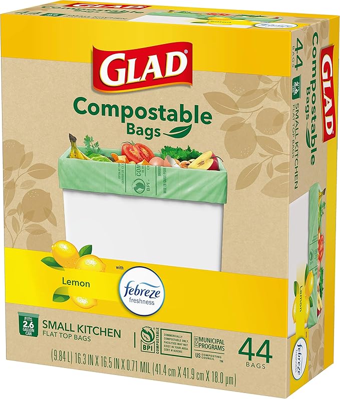 Glad Trash Bags, Kitchen Compost Bags 2.6 Gallon Garbage Bags, 100% Compostable Bag, Febreze Lemon, 44 Count (Package May Vary), Light Yellow