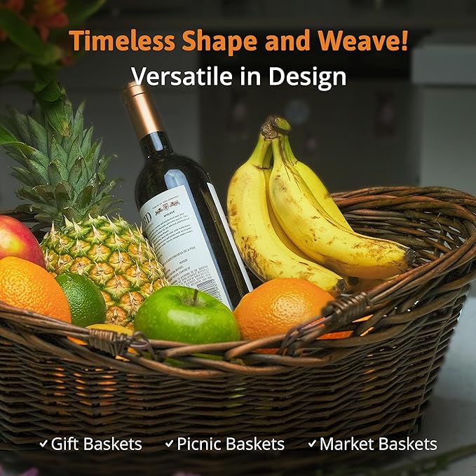 Wald Imports - Small Wicker Basket with Handle - Dark Brown Hand Woven Harvest Basket - Wicker Flower Basket for Storage, Picnics, Easter, Organizing, and More (14 x 5.5 inches)