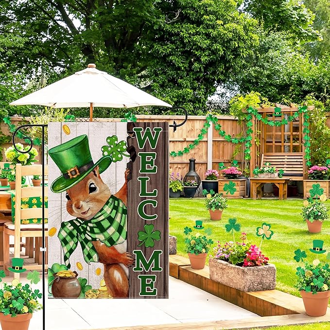 St Patricks Day Garden Flag 12x18 Inch Double Sided Outside, The Squirrel Lucky Shamrock Burlap Garden Flags Decorations, Green Hat with Clovers Gold Coin Pot Outdoor Decor