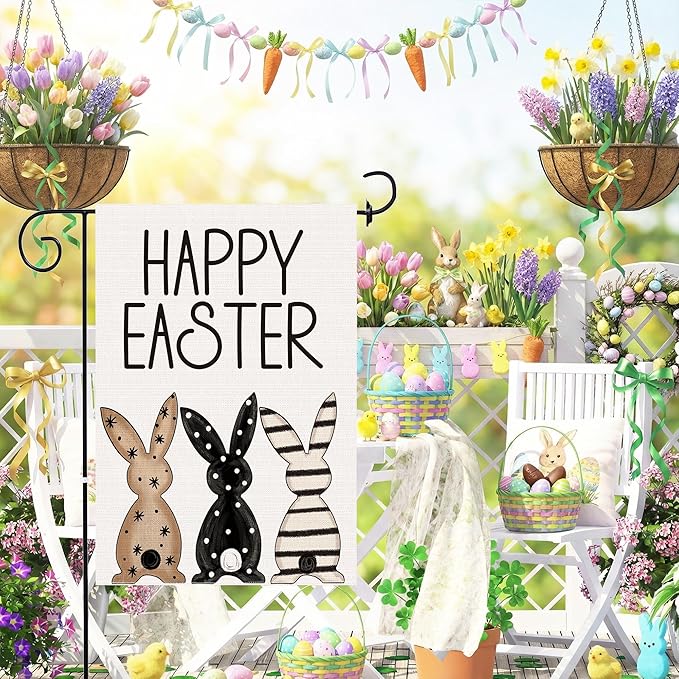 Easter Garden Flag 12x18 Inch Double Sided Outside, Black Bunnies Flag Burlap Happy Easter Welcome Yard Decorations Outdoor