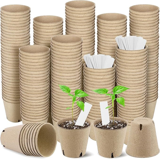 300 Pieces Peat Pots Seed Starters 3.15 Inch Peat Pots Round Biodegradable Seed Starting Pots with 300 Plant Labels, Planter Nursery Pots with Drainage Holes for Vegetable Seed