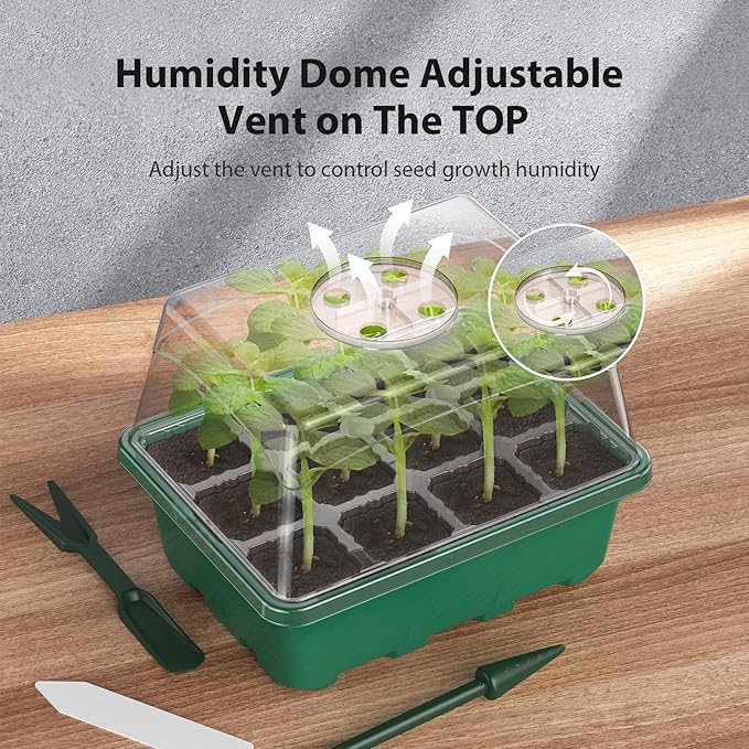 Seed Starter Tray, 10PCS Seed Starter Kit, Seedling Starter Trays with Heightened Lids for Seed Staring, Indoor Gardening Plant Germination Trays (12 Cells per Tray) Green