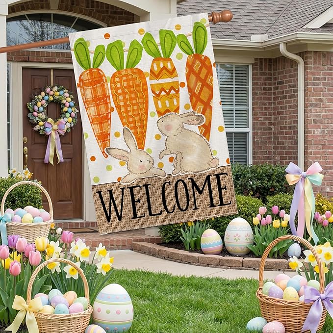 Easter Flag 28x40 Inch Double Sided Outside, Carrots Bunny Easter Flag Burlap Decorations Outdoor Yard