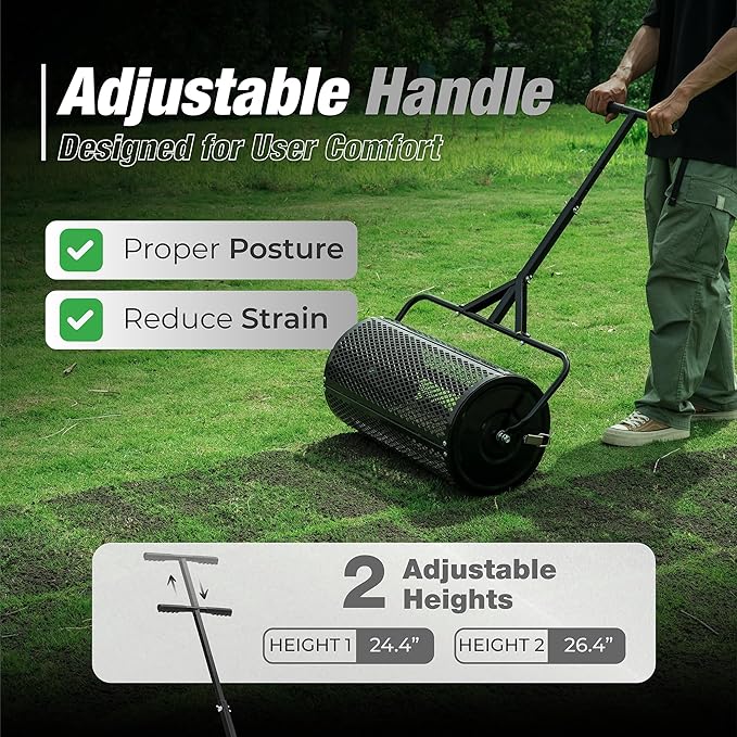 Compost Spreader, 24.4-25.6" Height Adjustable Handle, 24" Wide, Lawn and Garden Peat Moss Roller with Side Latches, Powder Coated Steel Mesh Basket for Spreading Manure, Topsoil, Black