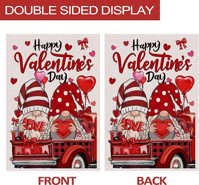Valentines Gnomes House Flag, Happy Valentines Gnomes Outdoor Decor Gnomes Truck Flag 28x40 Double Sided Red, Valentine Decorations Burlap Flags Rustic Welcome Love Outdoor