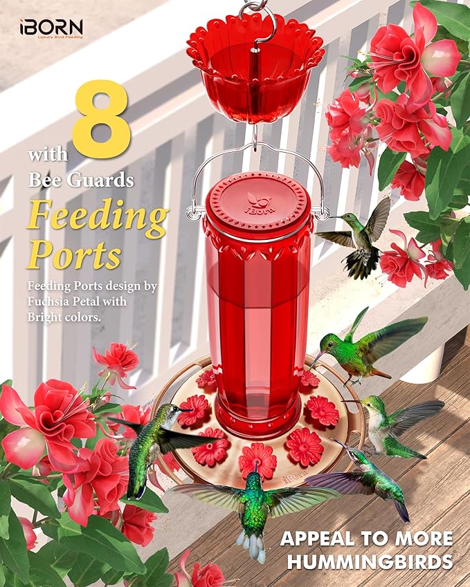 iBorn Glass Hummingbird Feeder for Outdoors Hanging Ant and Bee Proof Ant Moat for Hummingbird Feeder 8 Ports for 16oz Hummingbird Nectar,Brushed Copper Base Red Glass, Pack of 1, 2024 New