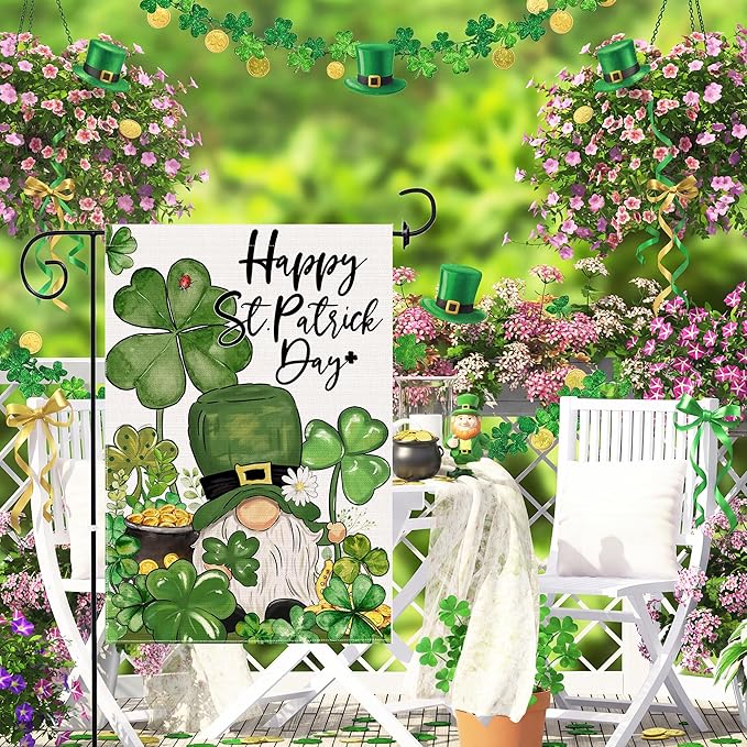 St Patricks Day Garden Flag 12x18 Inch Double Sided Outside, Shamrocks Clovers Gnome with Coin Pot Flag Burlap Happy St Patricks Day Decorations Outdoor Yard Decor