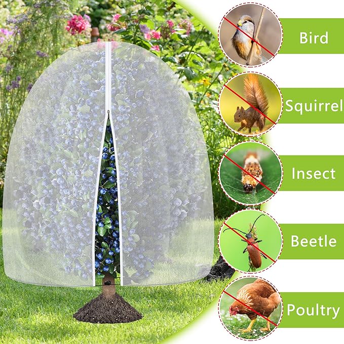 2 Pcs Fruit Tree Netting with Zipper & Drawstring, 4.9 x 3.2 Ft Garden Bird Netting Plant Cover, Blueberry Tomato Insect Bird Barrier Tree Net Protection Cover for Protecting Plants Vegetables Fruits