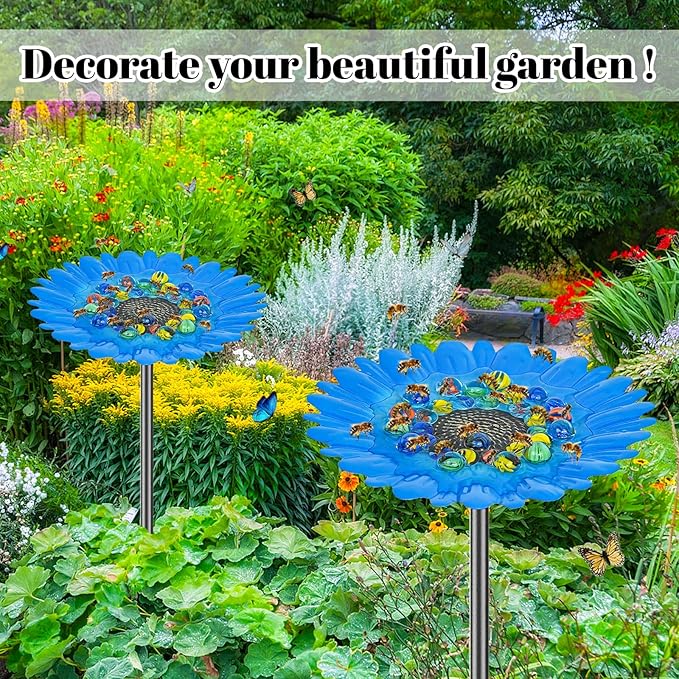 Bee Watering Station Feeder, Metal Butterfly Water Feeder with 30 Colorful Glass Marbles, Bee Waterer Feeder for Butterfly Bird Garden Outdoor Decors (Blue Chrysanthemum)