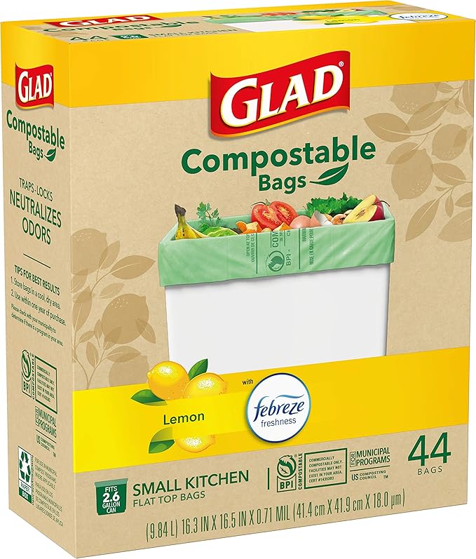 Glad Trash Bags, Kitchen Compost Bags 2.6 Gallon Garbage Bags, 100% Compostable Bag, Febreze Lemon, 44 Count (Package May Vary), Light Yellow