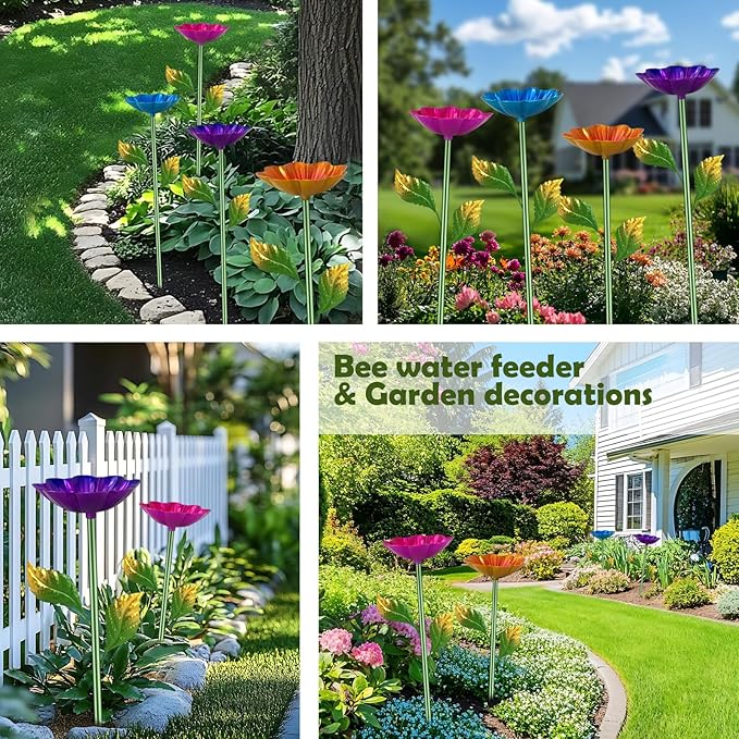 Bee Watering Station, 4 Pack Butterfly Drinking Station with Flower Design for Garden,Colorful Metal Flying Insects Feeder Baths for Outdoor Garden Yard Decor(Red,Blue,Yellow,Purple)
