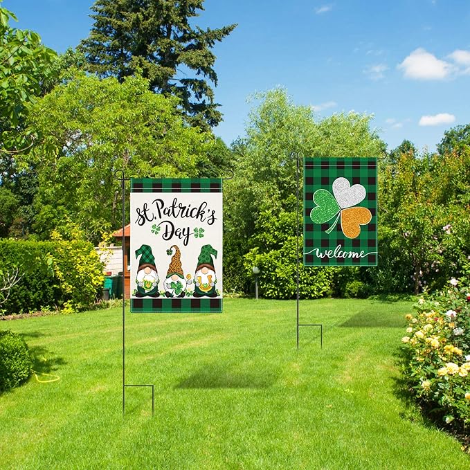 Boao 2 Pieces St Patrick's Day Garden Flag Gnome Shamrock 18 x 12 Inch Yard Flag Irish Green Shamrock Garden Flag Double Sided Decorative Garden Flag for St. Patrick's Day Outdoor Decoration