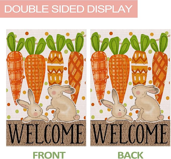 Easter Garden Flag 12x18 Inch Double Sided Outside, Carrots Bunny Easter Flag Burlap Decorations Outdoor Yard