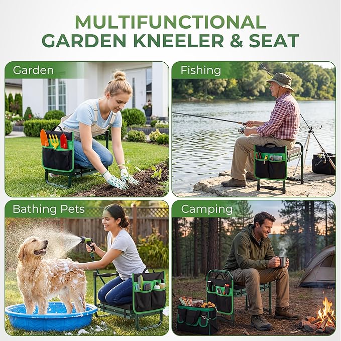 Walensee Foldable Garden Kneeler and Seat with Cross-Body Tool Bag & Removable Tool Pouch, Heavy Duty Garden Stool with Soft Leather Kneeling Pad, No Assembly, Ideal Gardening Gift for Women & Men