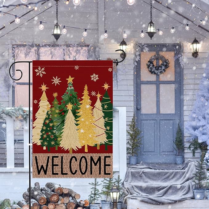 Merry Christmas Garden Flag, Christmas Trees Yard Flag 12x18 Double Sided Red Outdoor Decorations, Winter Trees Holiday Decor Welcome Burlap Garden Flag Rustic Outdoor Farmhouse Xmas for Porch Yard