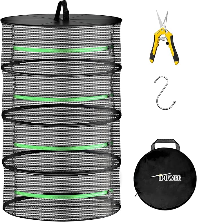 iPower Herb Drying Rack Zippered 4 Layer 24" Hanging Dryer with Garden Pruning Shear and Hook for Hydroponics Herb, Plant, Seed, Bud in Closets, Grow Tents & Outdoor
