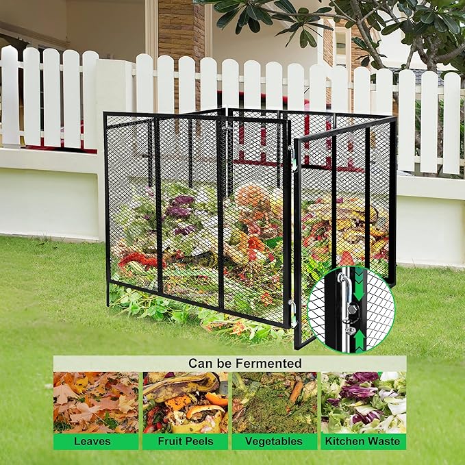 Large Compost Bin Outdoor,172 Gallon Metal Wire Mesh Compost Bins+Lid, Rust-Resistant Coating, Easy-to-Assemble Square Garden Compost Bin for Yard Waste, Fallen Leaves, Kitchen Scraps, 37x37x30 inches