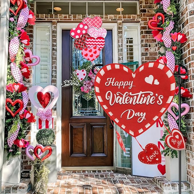 Valentine Garden Flag Banner Outdoor Decorations for Outside Double-Sided Printed, Pink Red White Heart Valentine's Day Yard Flags House Yard Spring Seasonal Decoration 16 x 39.5 Inch Striped Plaid
