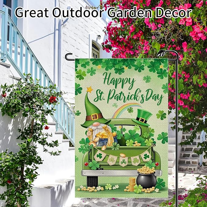 12x18 Inch St Patricks Day Garden Flag Double Sided, Gnome & Clovers Yard Flag for Outdoor Decoration