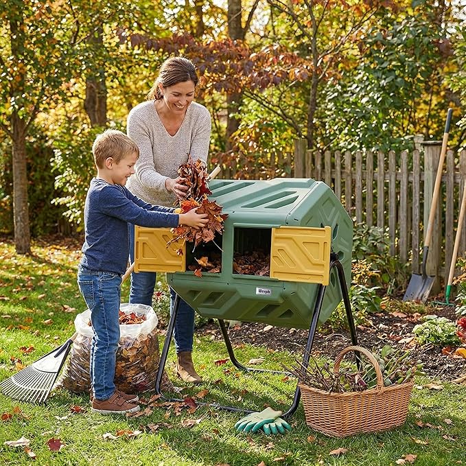 Updated 43 Gallon Dual-Chamber Compost Bin, Fast Assembly Outdoor Compost Tumbler, Rotating Batch Composter Bin with Gloves for Garden, Kitchen, and Yard