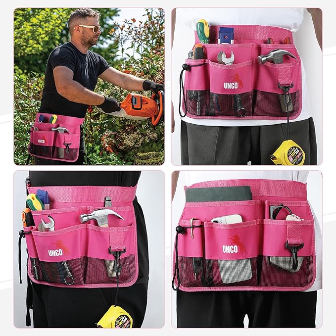 UNCO- Adjustable Gardening Belt, Pink, 7 Pockets, Wear, Cut and Water Resistant, Garden Tool Belt Pouch, Waist Apron with Pockets