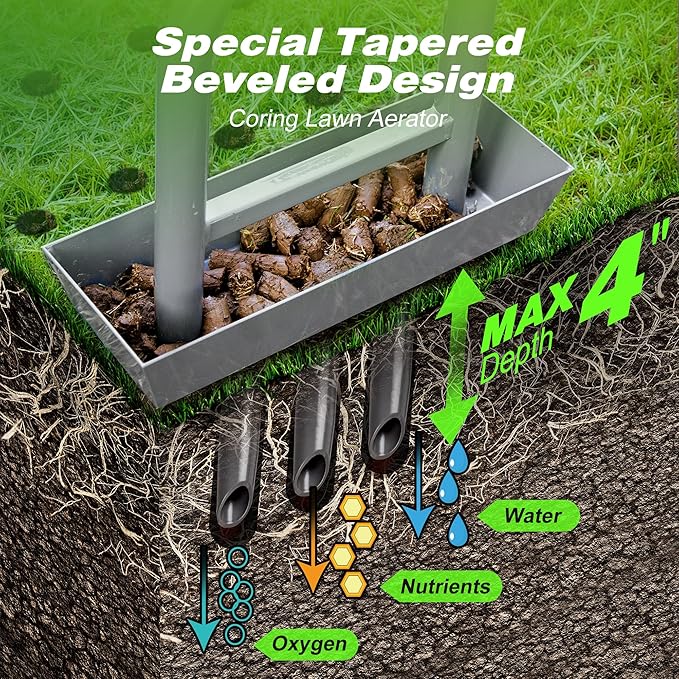 Walensee Lawn Aerator Coring Tool with Soil Core Storage Tray, 38.2" Manual Yard Plug Aerator with 3 Tines, Grass Aeration Gardening Tool with Cleaning Tool for Lawn Care and Compacted Soil