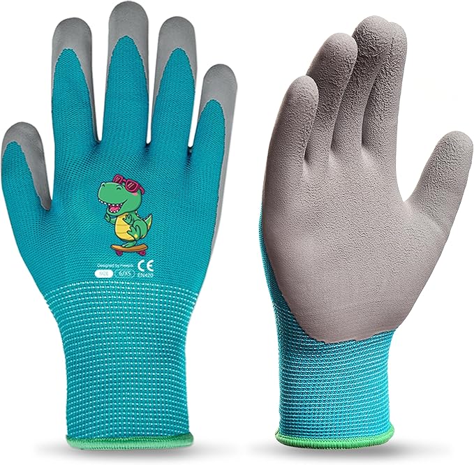 Ages 5-7 Kids Gardening Gloves,Yard Work Gloves for Toddlers, Youth, Girls, Boys, Childrens, Soft Safety Rubber Gloves (XXS Age 5-7, 1 Pair Blue Dinosaur)