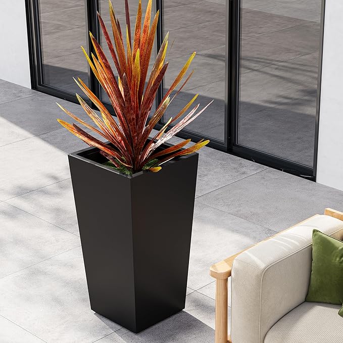 Garvee 22.5" Tall Planters Set of 2, Outdoor＆Indoor Black Planter Pots, High Front Porch Planter Pots with Drainage Holes＆Water Level Monitor＆Inner Bucket,Black