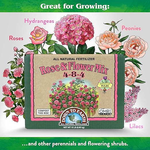 Down To Earth All Natural Fertilizers Organic Rose & Flower Mix - Plant Food for Roses, Bulbs, Flowers and Ornamentals 4-8-4, 15 lb