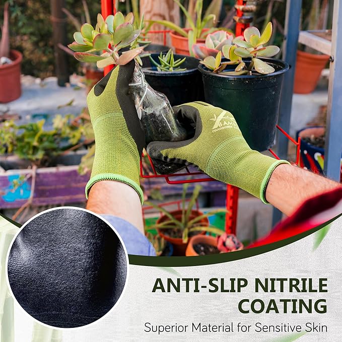 COOLJOB 2 Pairs Gardening Gloves for Women and Men, Bamboo Working Gloves Touchscreen, Grippy Nitrile Rubber Coated Work Gloves, Green/Black, Small Size (2 pairs S)