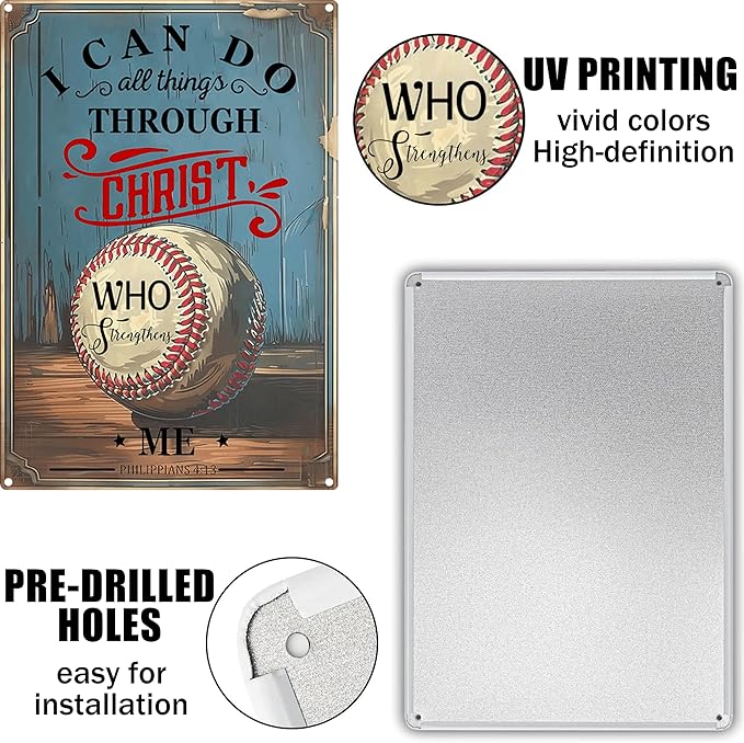 Vintage Baseball Metal Signs-Baseball Gifts for Boys 8-12,Baseball Decor for Boys Room(I Can Do All Things Through Christ Who Strengthens Me Baseball Signs) 8x12 Inch