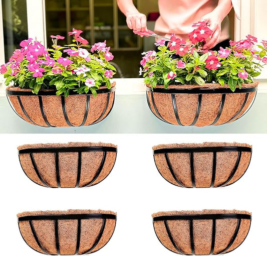 LaLaGreen Wall Planters for Outdoor Plant (16 Inch, 4 Pack) Deck Railing Planter Boxes for Outside Plants Window Flower Box with Coco Liners Metal Horse Troughs Fence Garden Herb Patio Porch over Rail