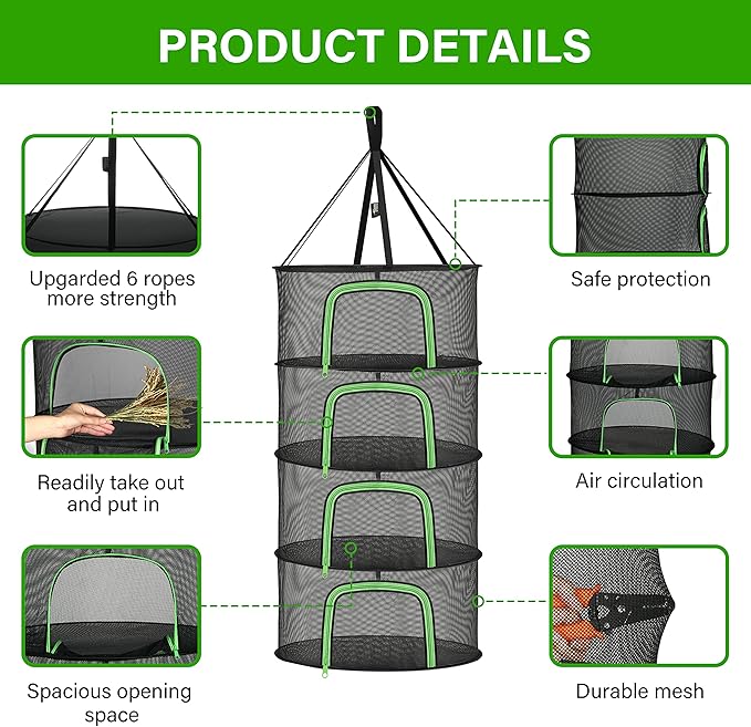 iPower Herb Drying Rack 4-Layer 2-Feet Hanging Mesh Net Dryer Collapsible with U-Shape Zippers, Pothook, Carabiner and Storage Pouch, for Hydroponics Flowers, Buds, Fruits, Seafoods, Clothes