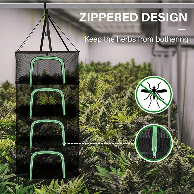 iPower Herb Drying Rack 4-Layer 2-Feet Hanging Mesh Net Dryer Collapsible with U-Shape Zippers, Pothook, Carabiner and Storage Pouch, for Hydroponics Flowers, Buds, Fruits, Seafoods, Clothes