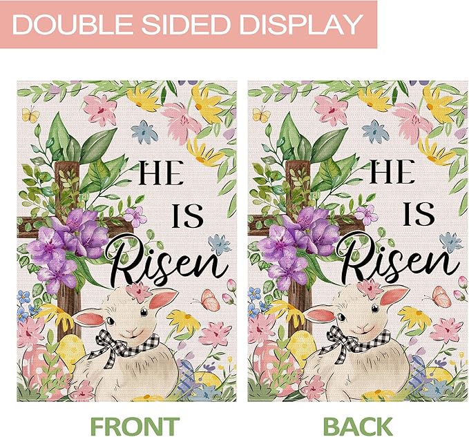 Easter Garden Flag 12x18 Inch Double Sided Outside, He Is Risen Easter Flag Burlap Lamb Flowers Cross Decorations Outdoor Yard