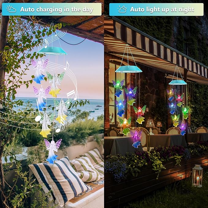 Solar Angel Gift for Mom Girls, Color Changing Solar Wind Chimes for Outside, Outdoor Decorative Mobile Lights for Garden, Yard, Patio, Window, Party Decorations, Gift for Women