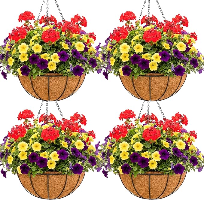 8 inch Metal Hanging Baskets For Plants Outdoor 4 Pack Round Metal Wire Hanging Basket Planter with Coco Fiber Liners Chain Round Wire Plant Holder for Garden, Patio, Deck, Porch Plants Flower Potss