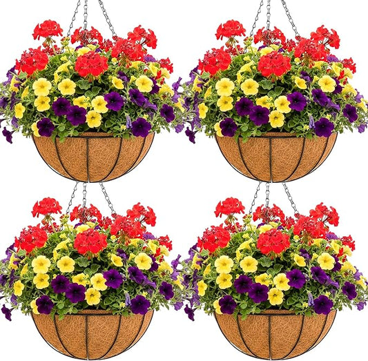 8 inch Metal Hanging Baskets For Plants Outdoor 4 Pack Round Metal Wire Hanging Basket Planter with Coco Fiber Liners Chain Round Wire Plant Holder for Garden, Patio, Deck, Porch Plants Flower Potss