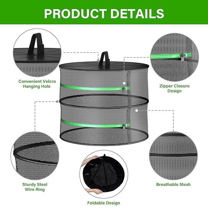 YSSOA Herb Drying Rack Hanging 2 Layer 24'' with Zipper & Hook, Dry Mesh Folding Basket Dryer for Plants, Herbs, Seeds and Buds in Grow Tent, Closet, Hydroponics, Garden Outdoor, New