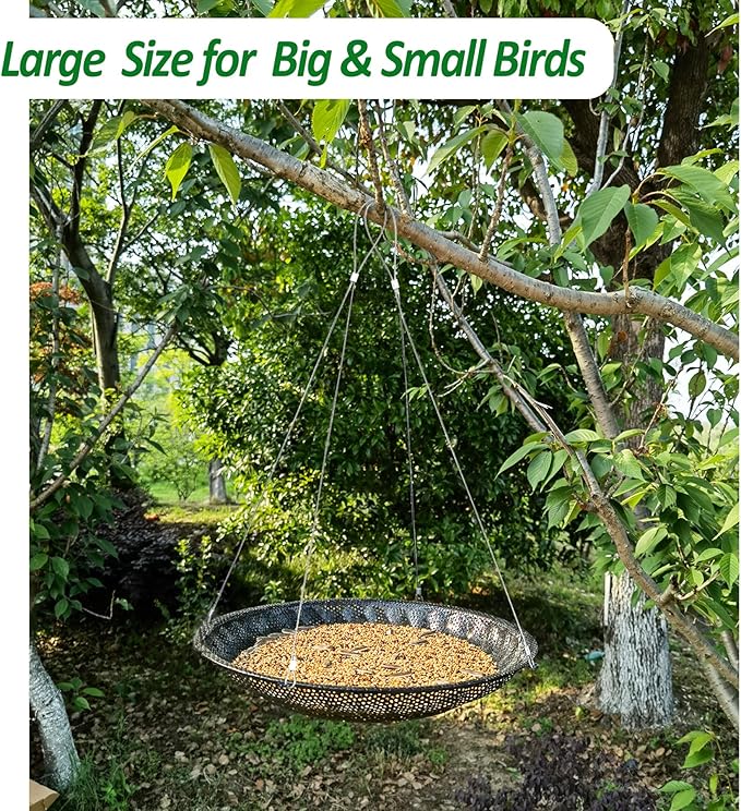 Upgraded Hanging Bird Feeder Tray,11.8” Stainless Steel Large Platform Metal Mesh Seed Tray for Backyard Garden Attracting Outside Wild Birds