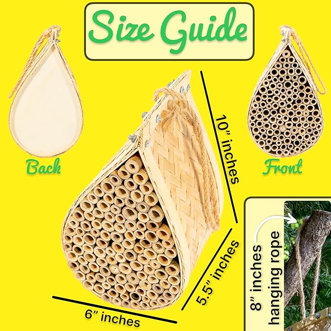 Made Easy Kit Bee House – Attracts Mason & Leafcutter Bees – Natural Bamboo Pollinator Habitat with Jute Rope – Hotel for Garden & Backyard – Eco-Friendly Insect Shelter (Honey Droplet, Large)