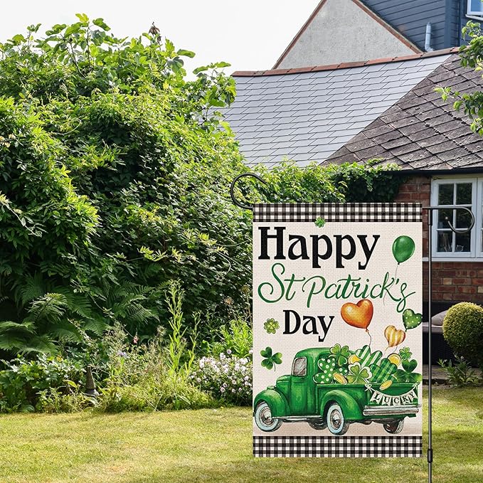 Shamrock Happy St Patrick's Day Garden Flag 12x18 Inch Double Sided, Burlap Green Lucky Clover Truck Holiday Yard Flag for Outside Yard Decoration