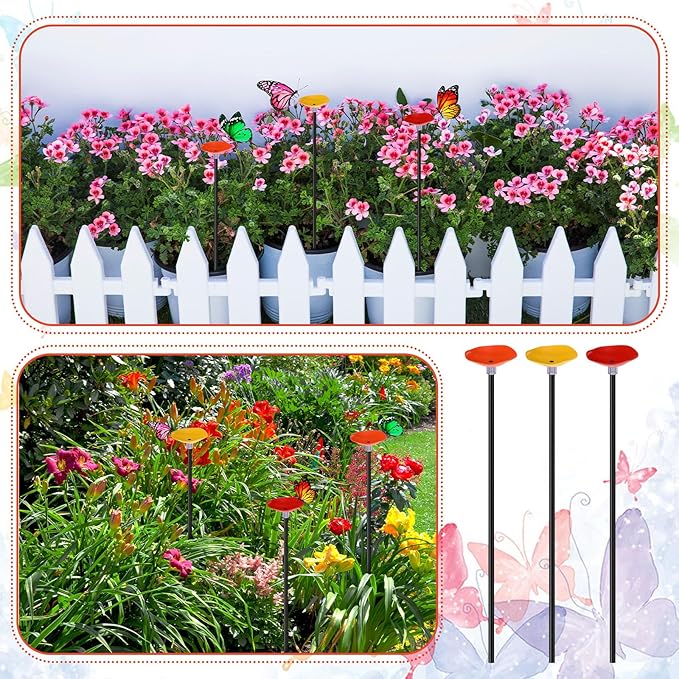 3 Pcs Bee Watering Station Set Metal Bee and Butterfly Feeders with Metal Stake Bird Butterfly Bath Bowl Cup for Poppy Flower Garden Lawn Outdoor Garden Yard Patio Decor (Red Yellow Orange)