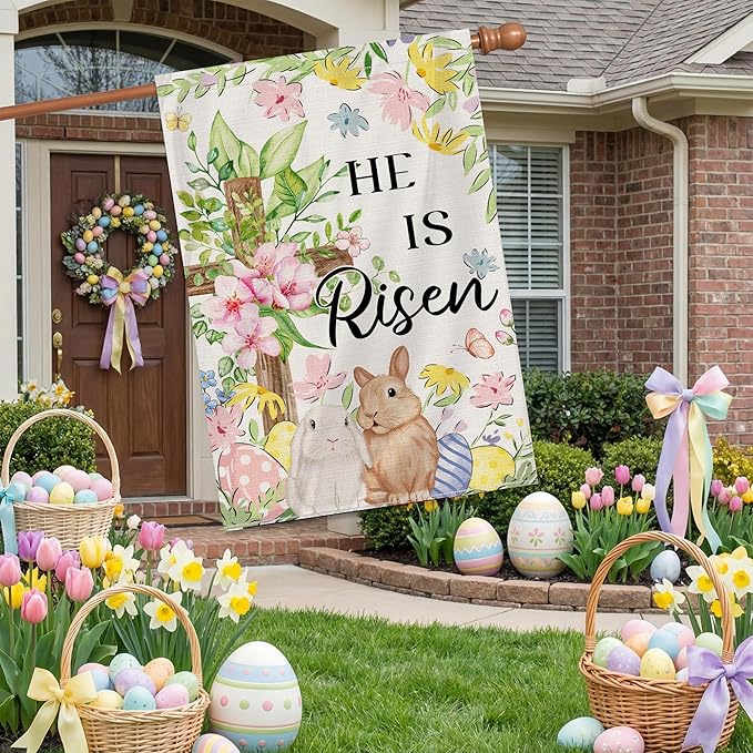 Easter Bunny Flag 28x40 Inch Double Sided Outside, He Is Risen Easter Flag Lamb Flowers Cross Decorations Outdoor Yard Burlap