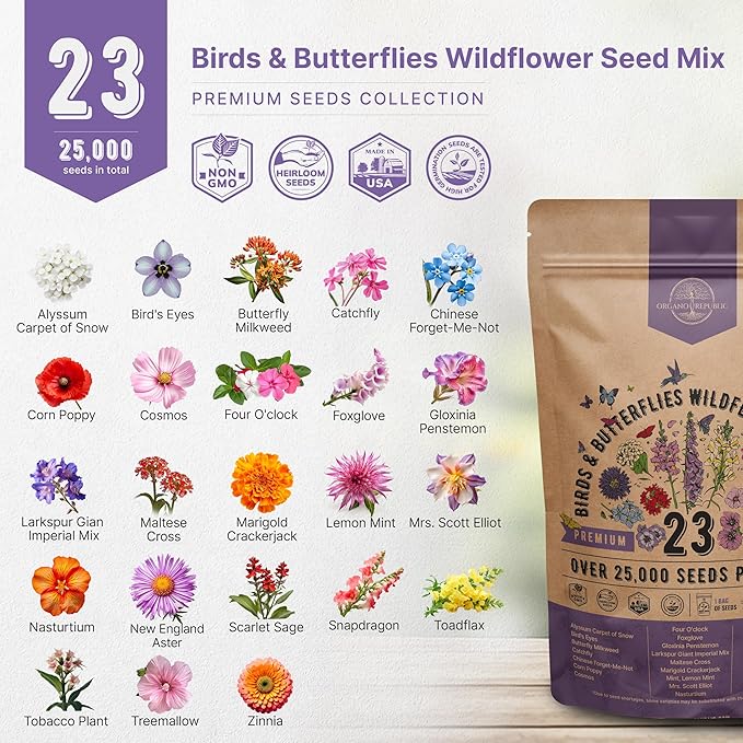 Organo Republic 23 Wildflower Seeds Annual & Perennial Mix for Indoor & Outdoors, Attract Birds & Butterflies 25,000+ Non-GMO, Heirloom Garden Seeds, 1oz Packet for Growing Wild Flowers