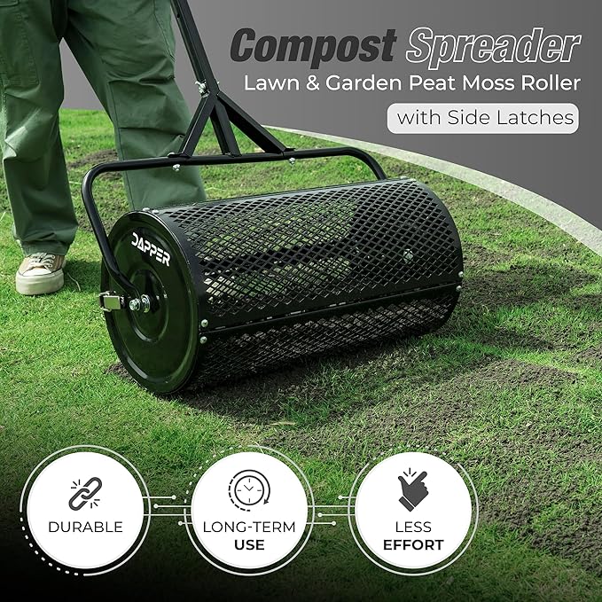 Compost Spreader, 24.4-25.6" Height Adjustable Handle, 24" Wide, Lawn and Garden Peat Moss Roller with Side Latches, Powder Coated Steel Mesh Basket for Spreading Manure, Topsoil, Black