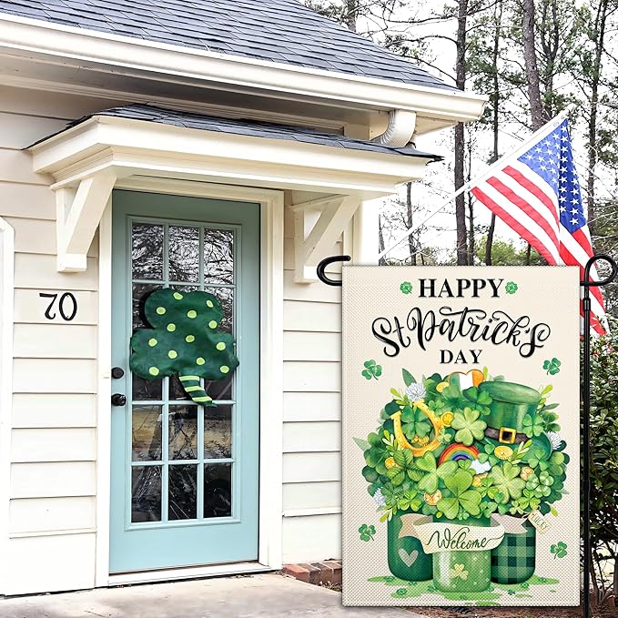 St Patrick's Day Garden Flag for Outside 12x18 Inch Double Sided Irish Welcome Garden Flag Green Shamrock Mason Jar Lucky Garden Flags for Outdoor Indoor House Yard Holiday Signs Decorations