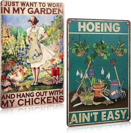 2 Pcs Funny Metal Tin Garden Sign 12'' x 8'' Gifts for Plant Lovers Women Grandma Mom Garden Decor Metal Tin Sign for Farmhouse Greenhouse Patio Yard Wall Decor Indoor Outdoor(Female, Home)